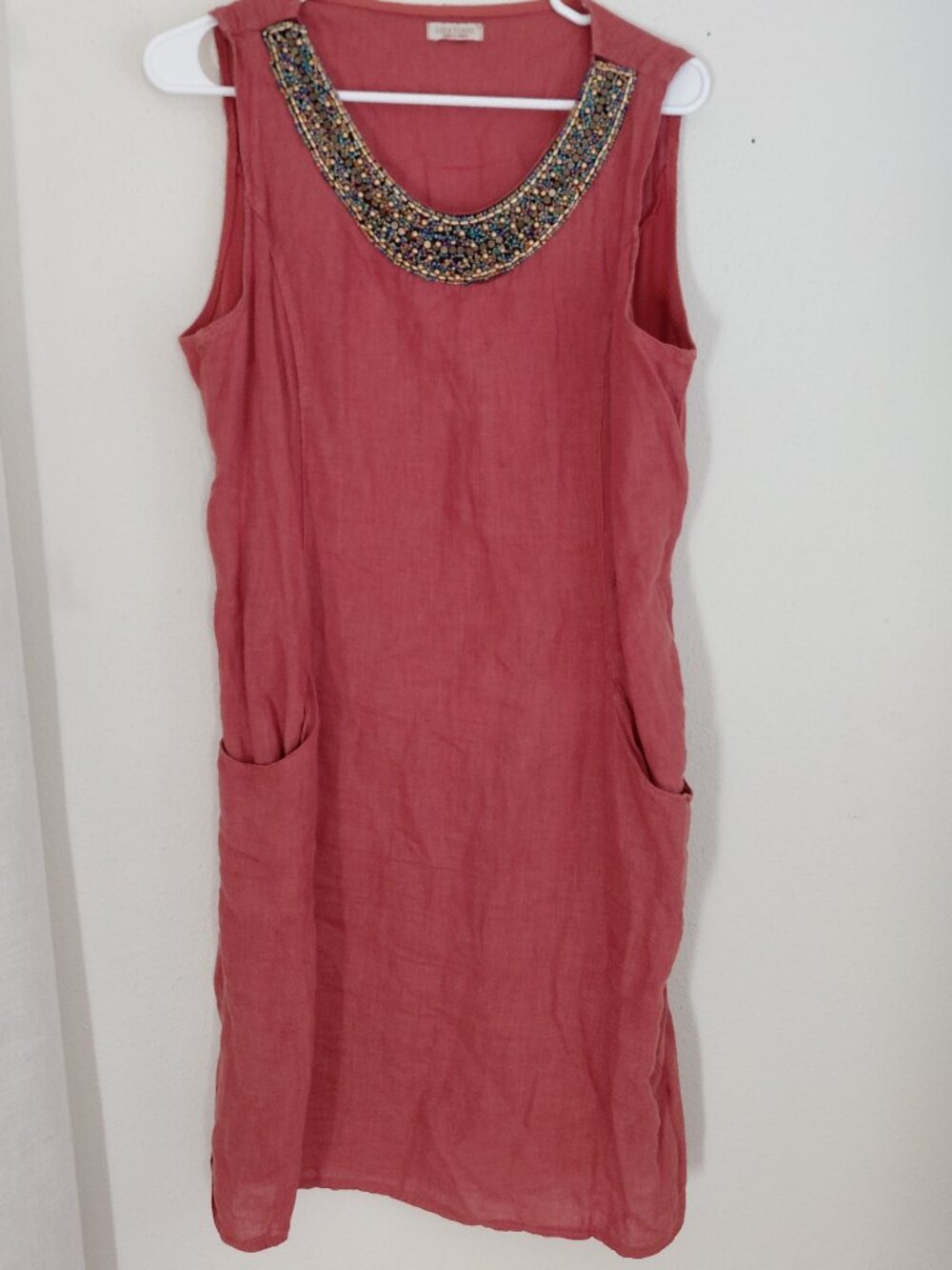 Lina Tomei Beaded Pink Linen Shift Dress Large Spring Summer Sleeveless Italy